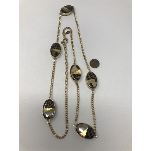 CHICO'S Necklace Animal Print Faux Fur Oval Beads Gold Tone Brown LONG Strand - Picture 2 of 11